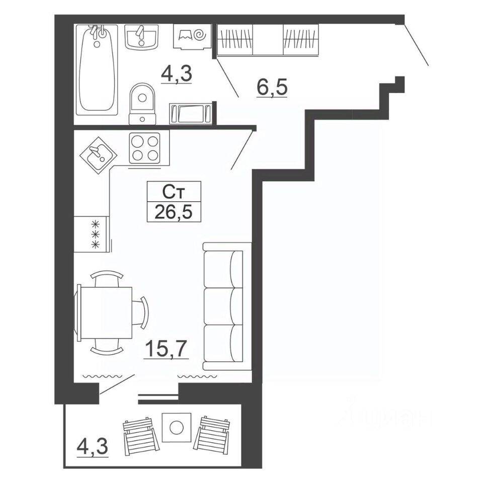 Планировка 1 комнатной квартиры, 26.5 м², в «Рубеж»