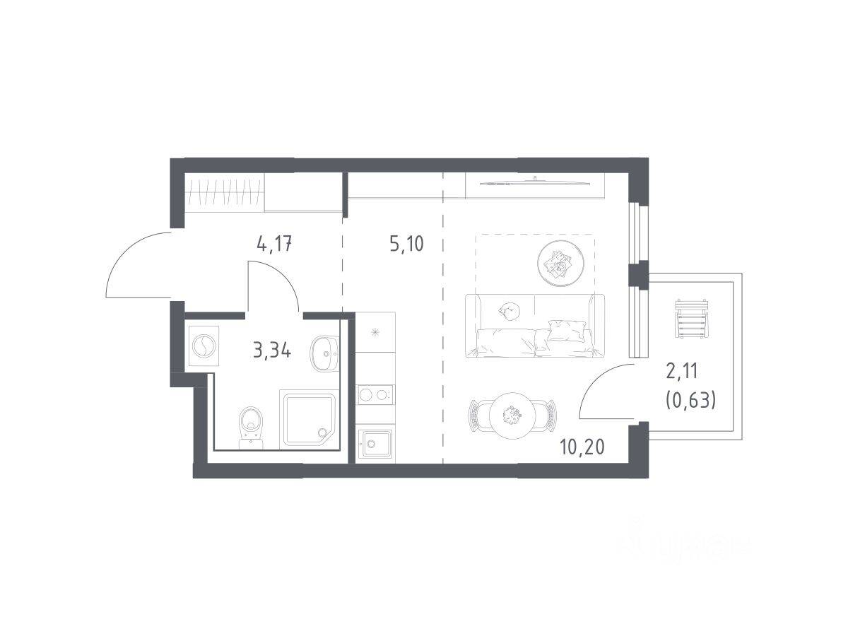 Планировка 1 комнатной квартиры, 23.44 м², в «Пригород Лесное»