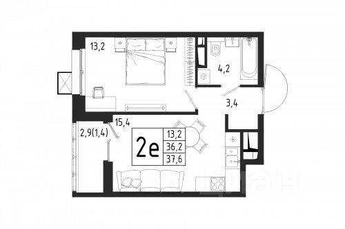 Планировка 1 комнатной квартиры, 37.6 м², в «Берег»
