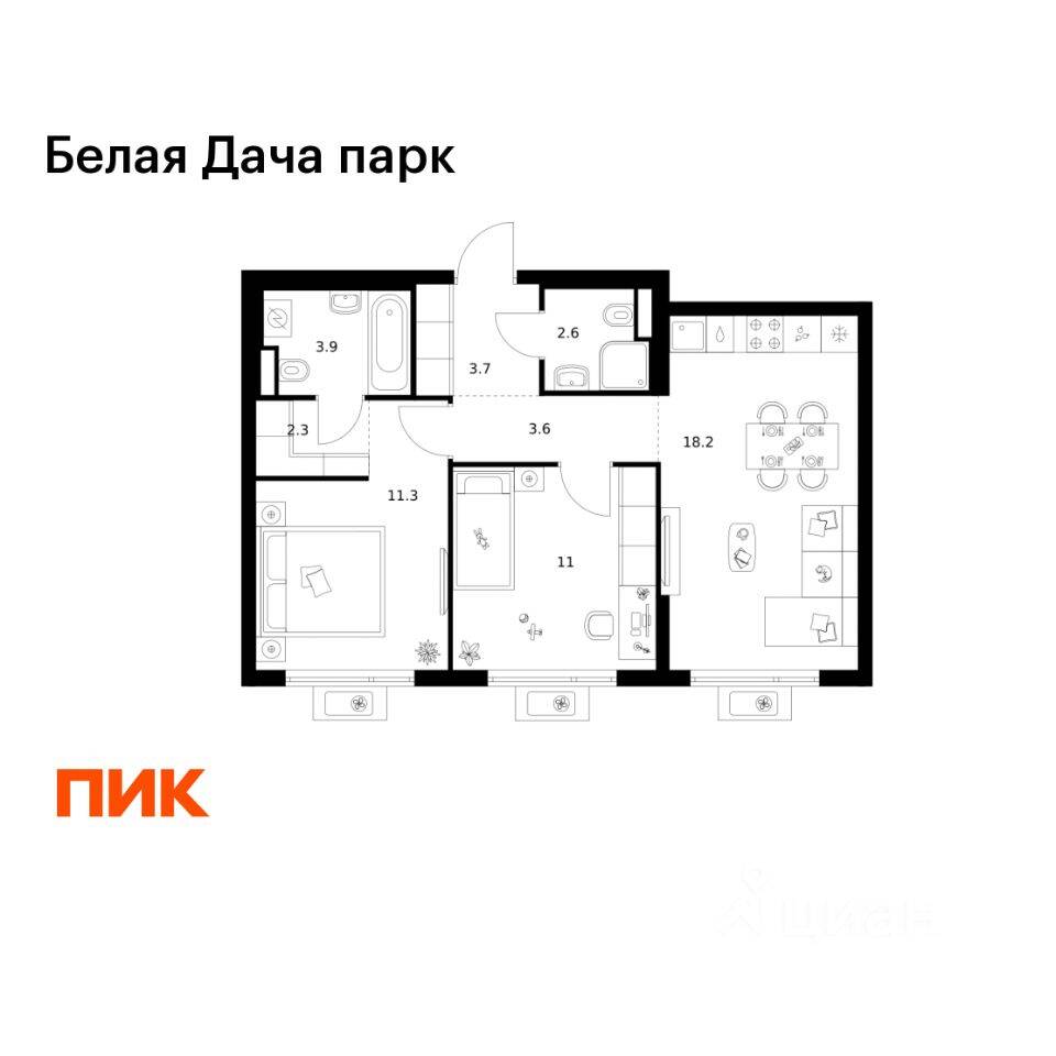 2-комн. квартира, 56,6 м², в ЖК «Белая Дача парк»
