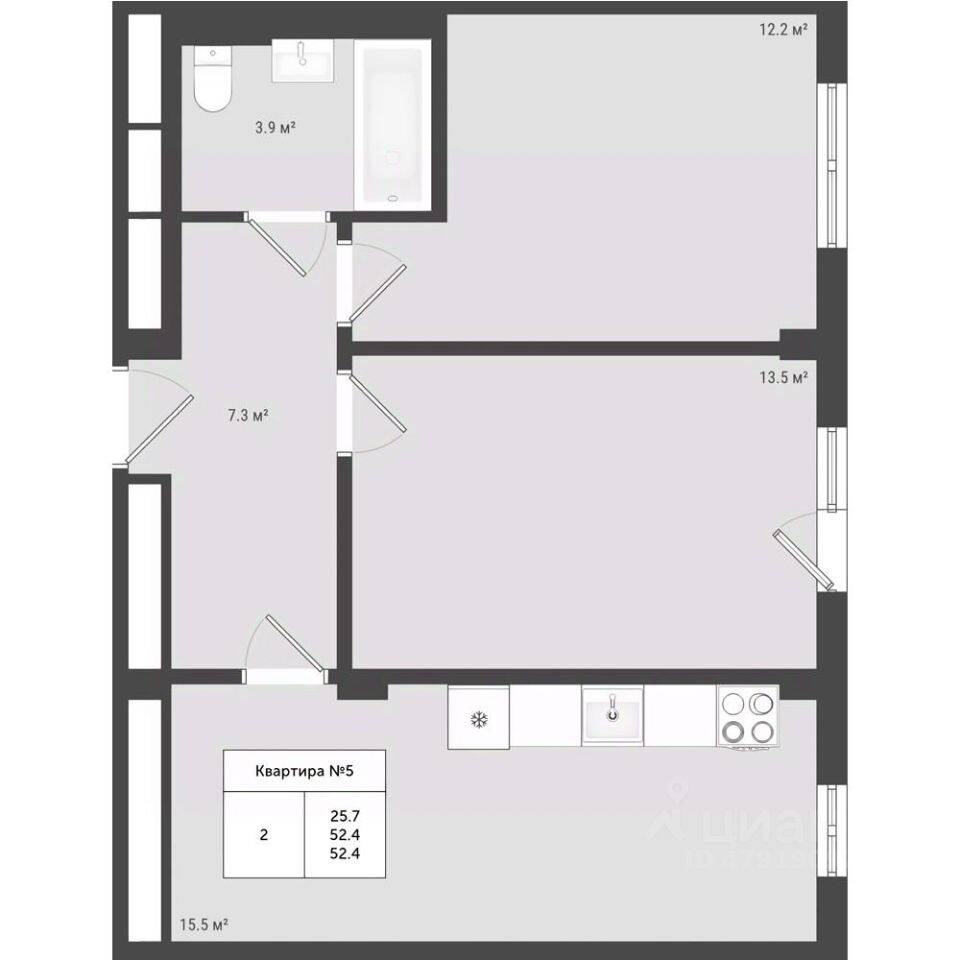 Планировка 2 комнатной квартиры, 52.4 м², в «Яковлево»