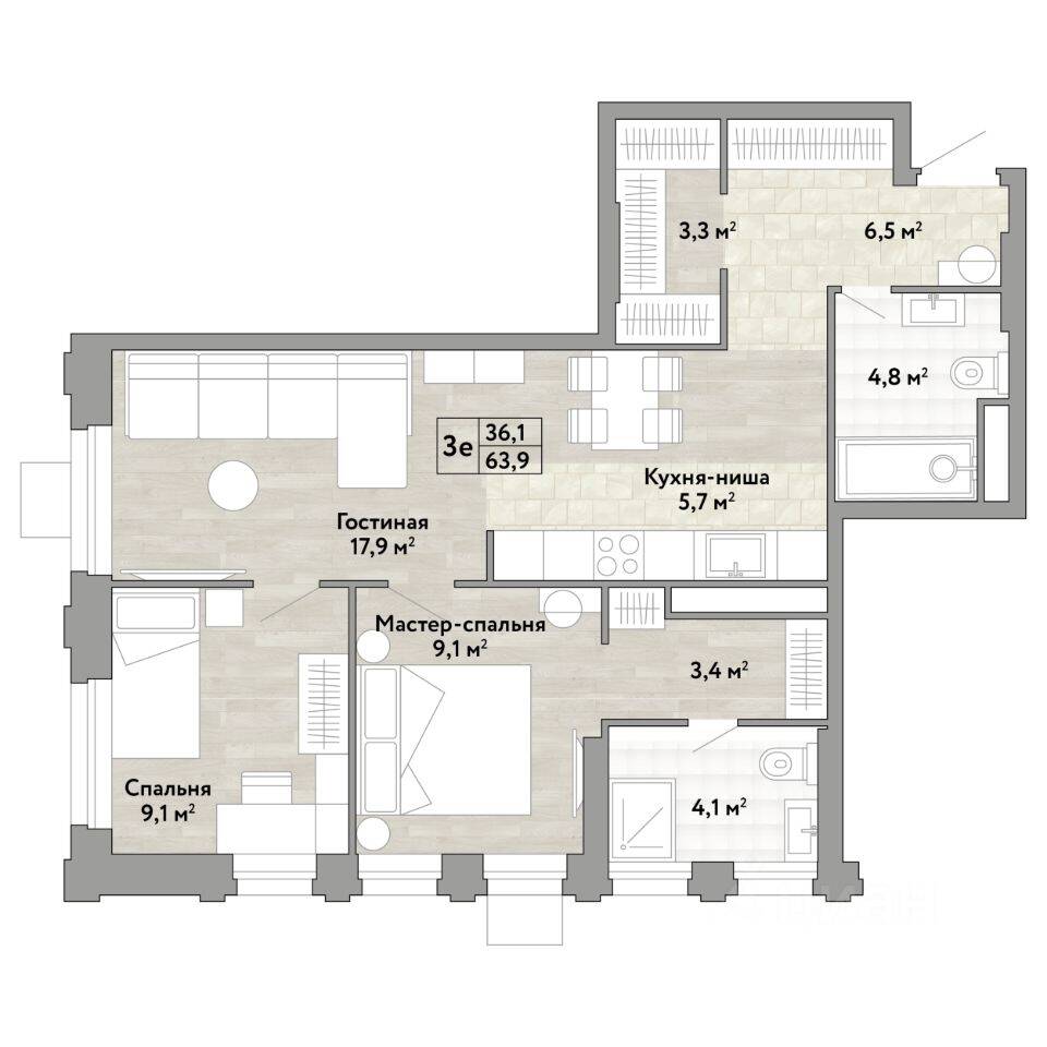 3-комн. квартира, 63,9 м², в ЖК Новые смыслы