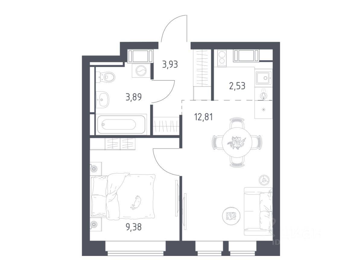 Планировка 1 комнатной квартиры, 32.54 м², в «Большое Путилково»