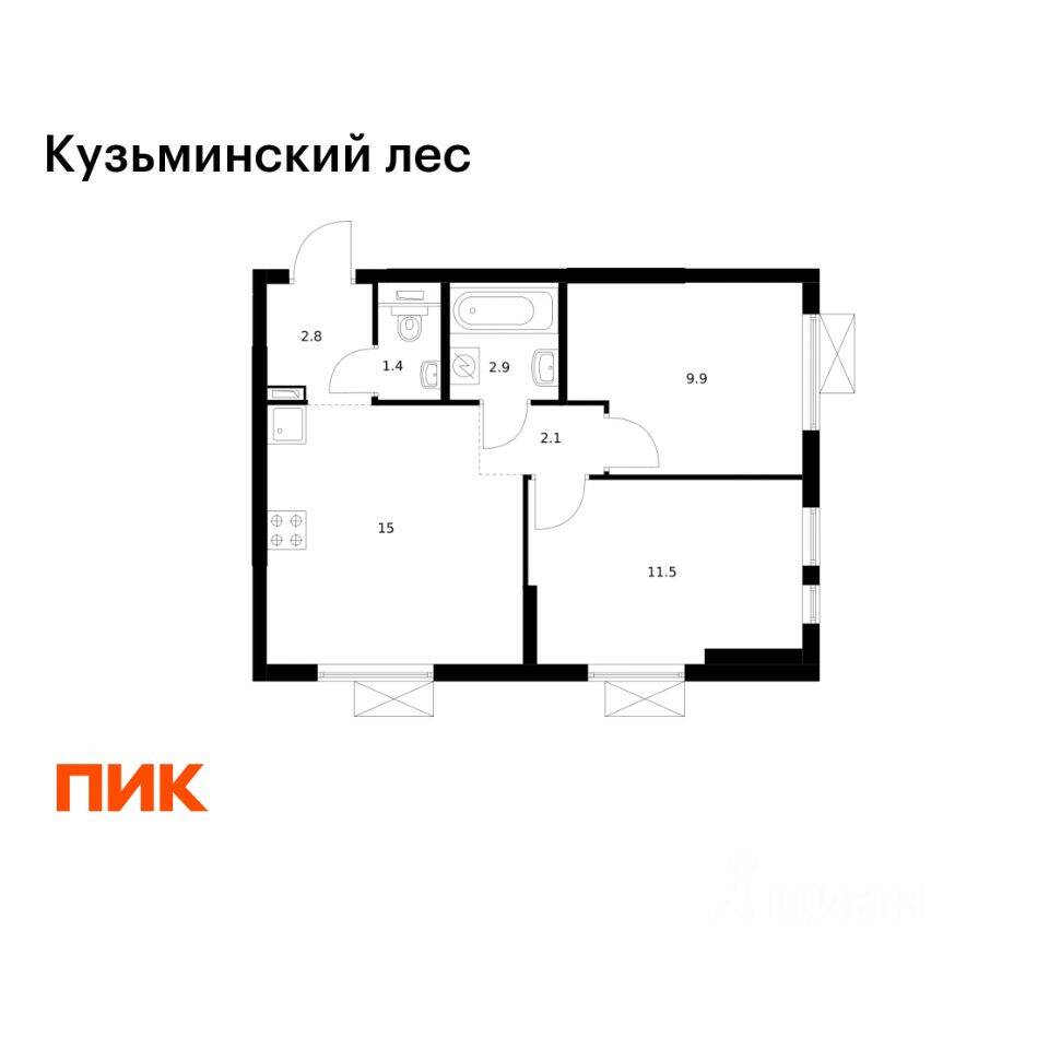Планировка 2 комнатной квартиры, 45.6 м², в «Кузьминский лес»