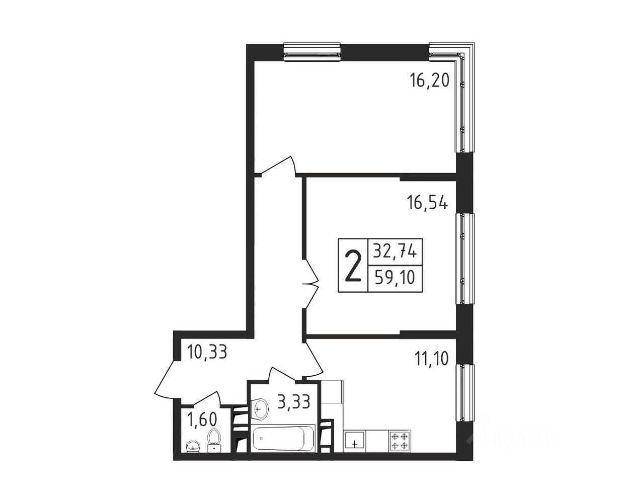 2-комн. квартира, 59,1 м², в ЖК Серебро