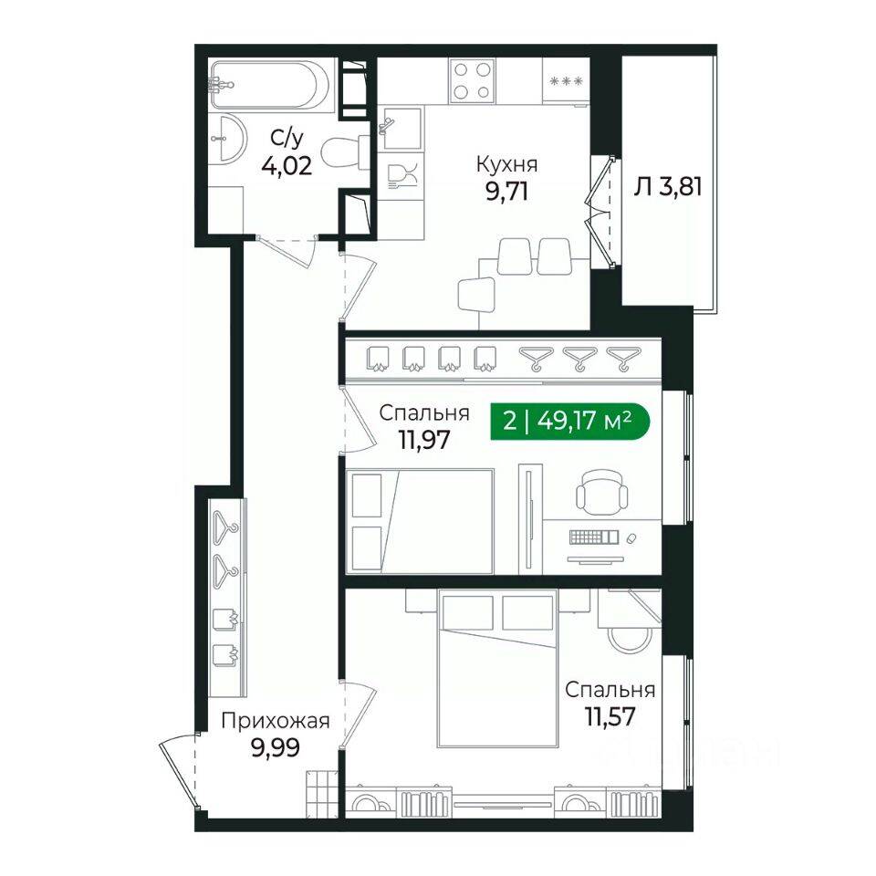 2-комн. квартира, 47 м², в ЖК Sertolovo Park