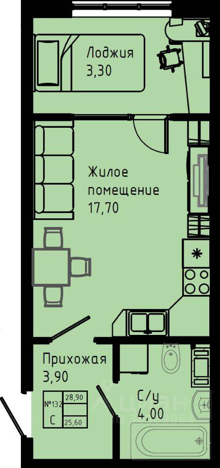 Планировка 1 комнатной квартиры, 28.9 м², в «Pixel»