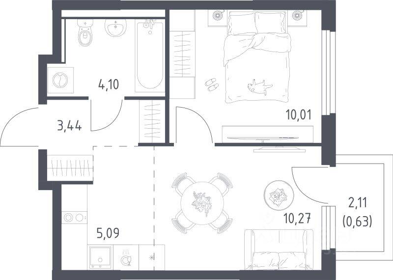 1-комн. квартира, 33,54 м², в ЖК «Пригород Лесное»