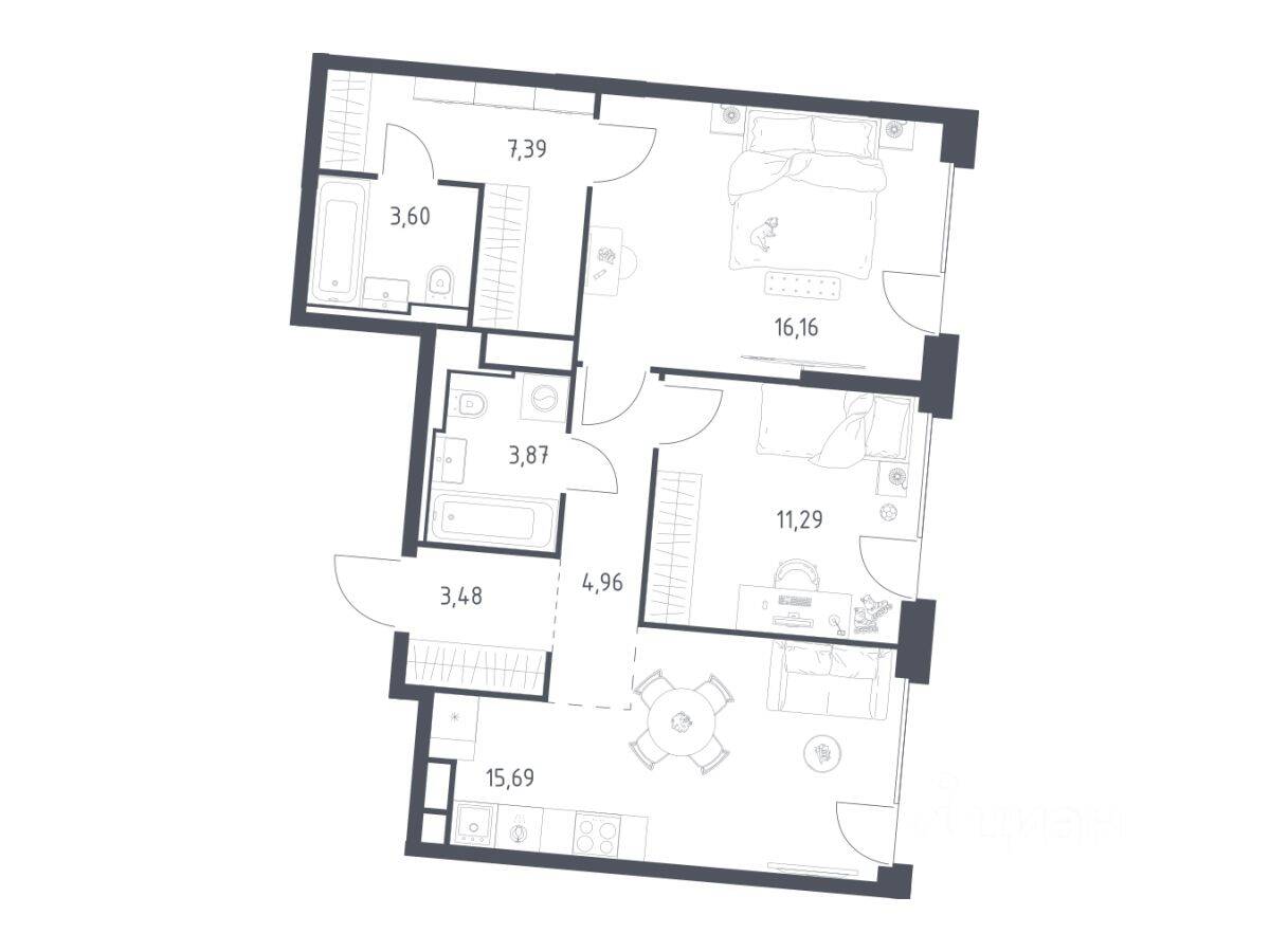 2-комн. квартира, 66,44 м², в ЖК Квартал на воде