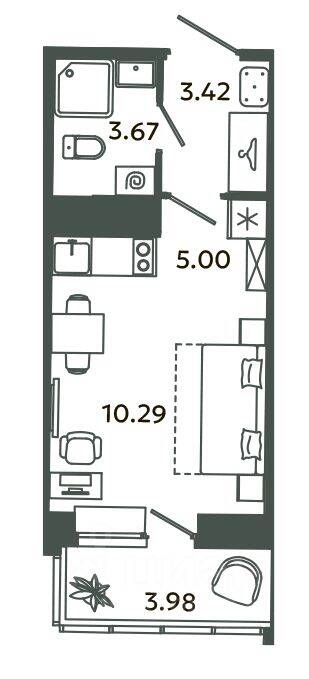 Квартира-студия, 22,38 м², в ЖК Загляденье