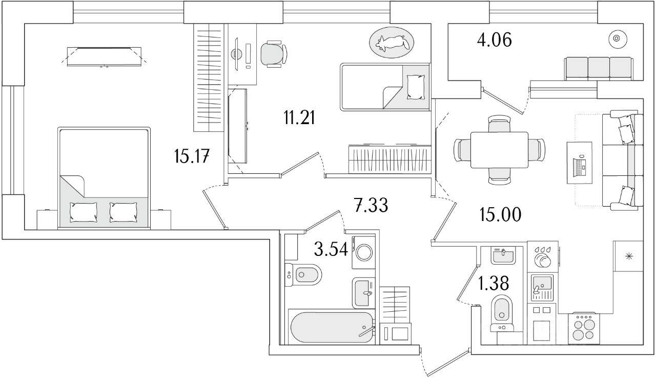 2-комн. квартира, 55,66 м², в ЖК «Аурум»