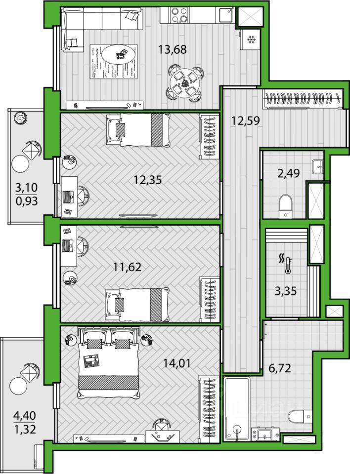 3-комн. квартира, 77,7 м², в ЖК FRIENDS