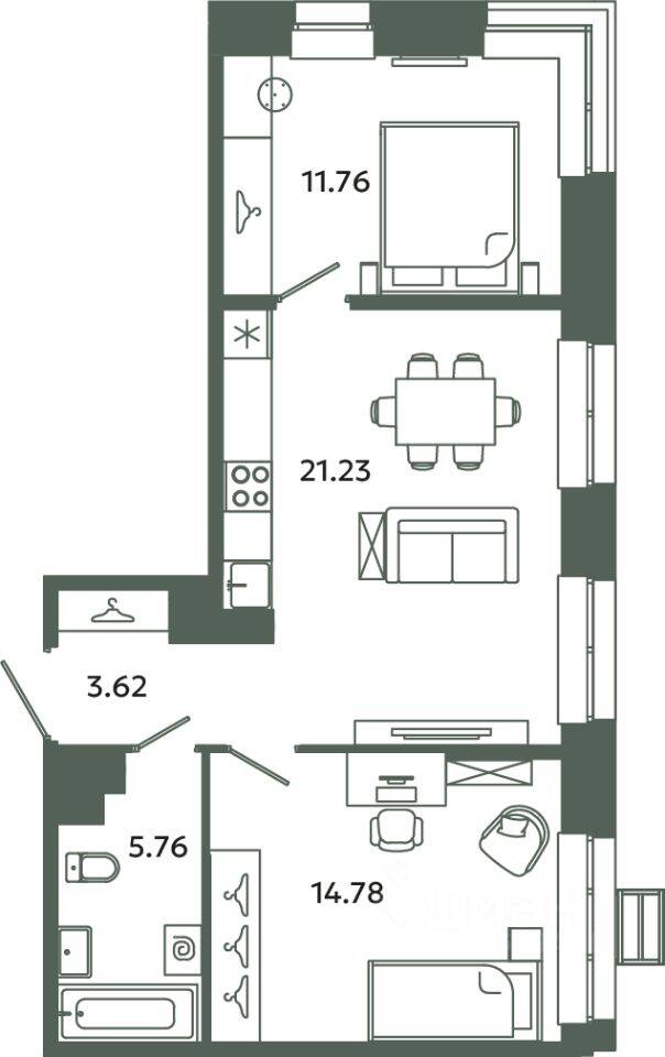 2-комн. квартира, 57,15 м², в ЖК Загляденье