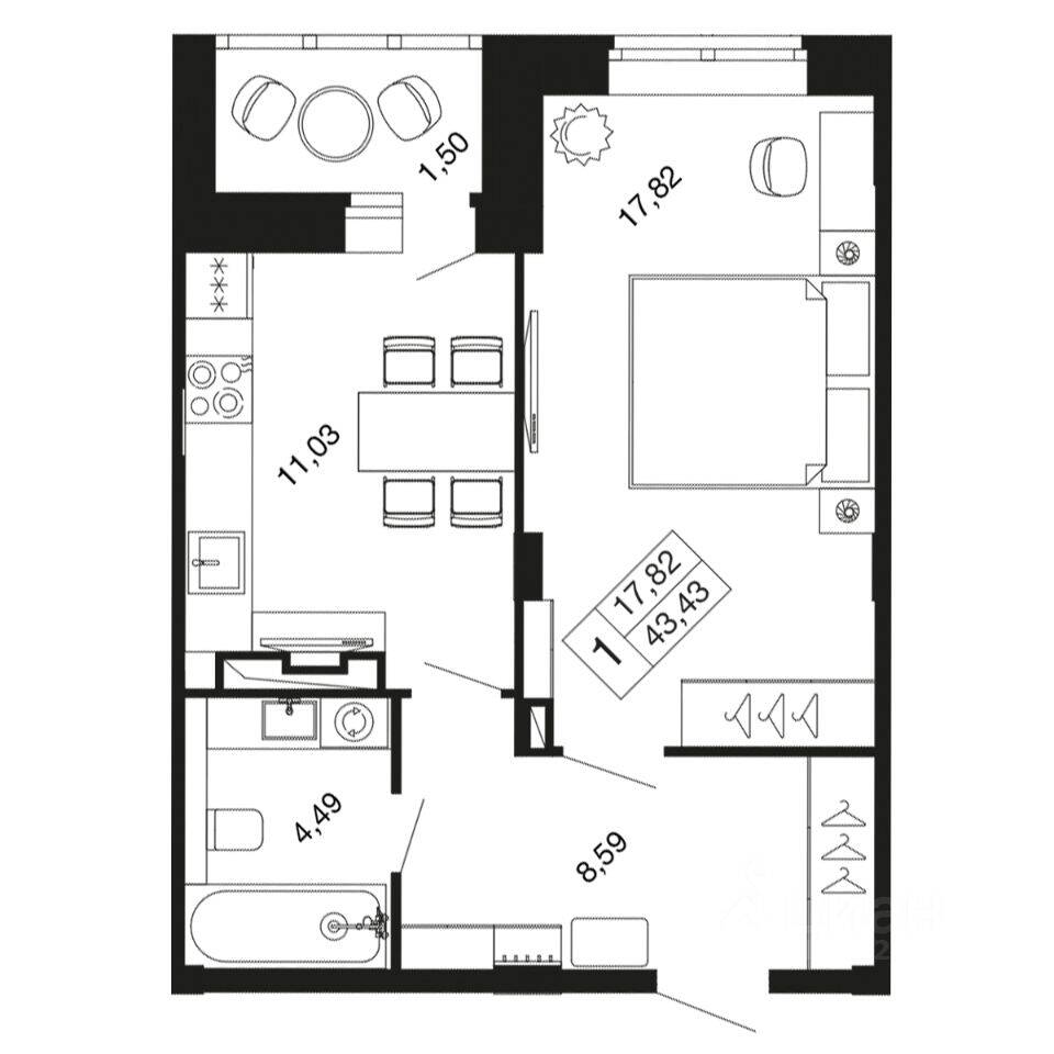 1-комн. квартира, 43,4 м², в ЖК «Времена года»