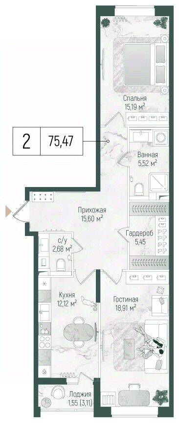 2-комн. квартира, 77,07 м², в ЖК Riga Hills
