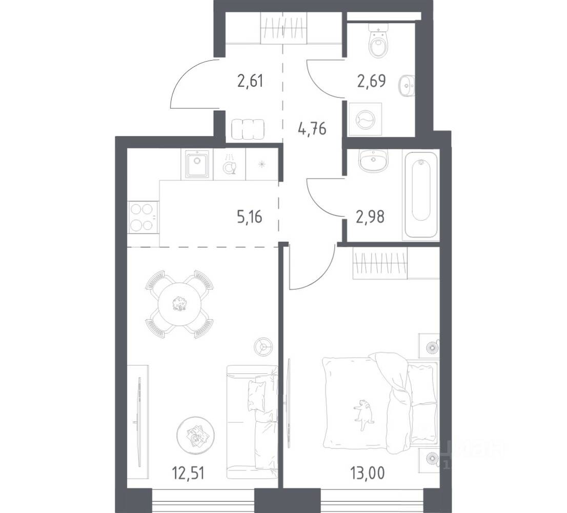 1-комн. квартира, 43,71 м², в ЖК Квартал Авиаторов