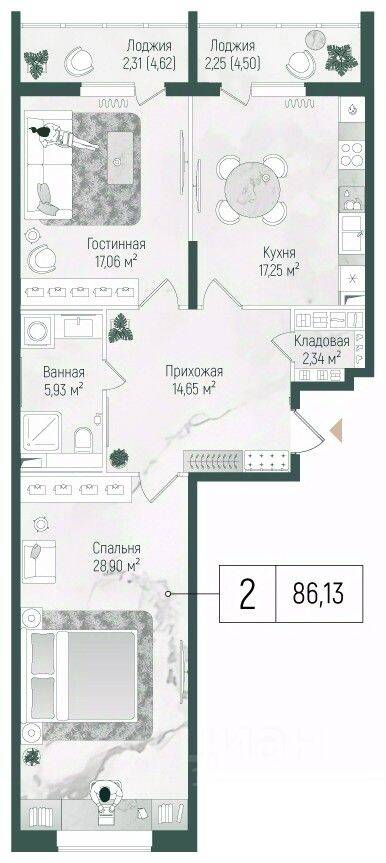 2-комн. квартира, 89,5 м², в ЖК Riga Hills