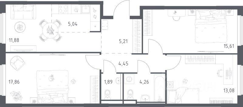 3-комн. квартира, 79,28 м², в ЖК Мытищи Парк