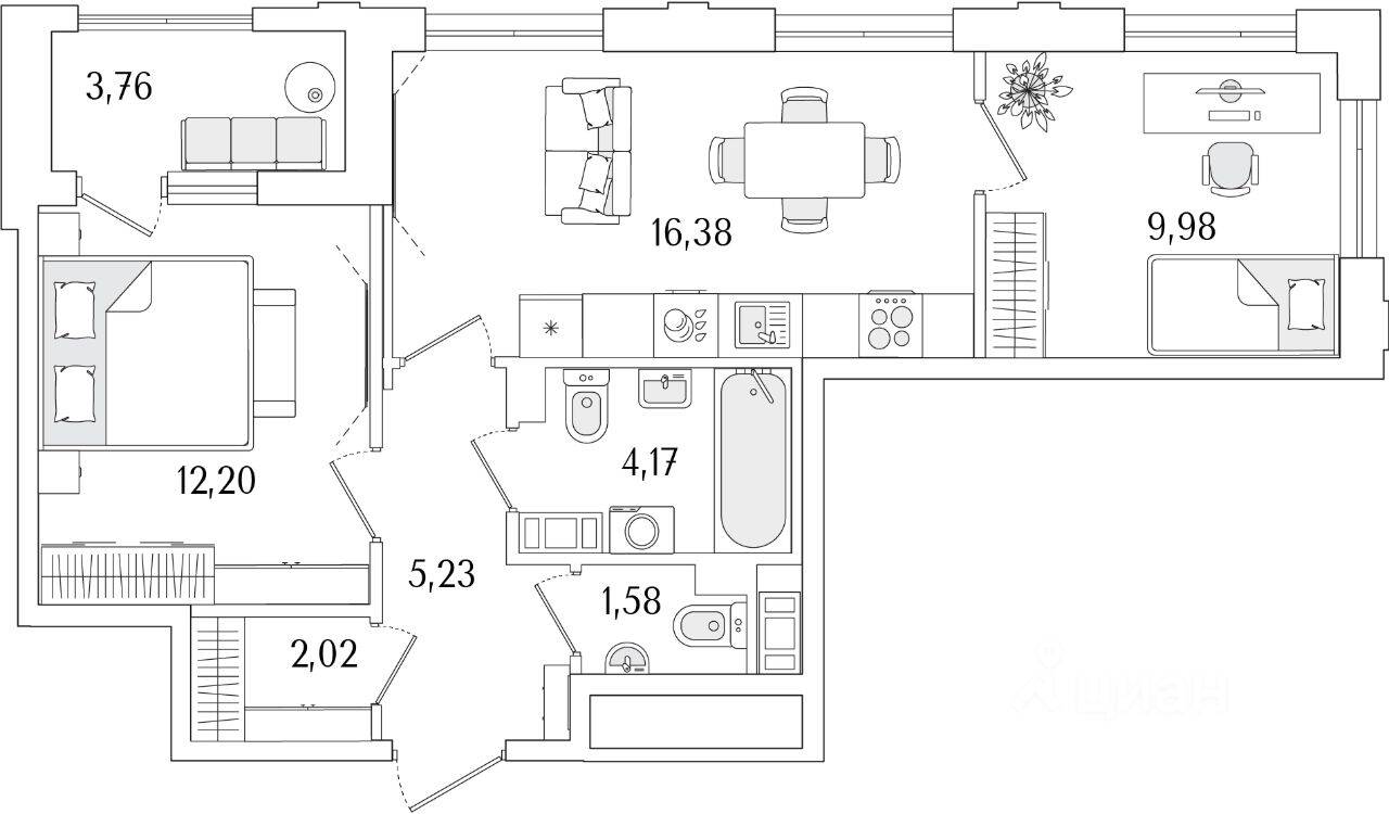 2-комн. квартира, 53,44 м², в ЖК «Гранат»