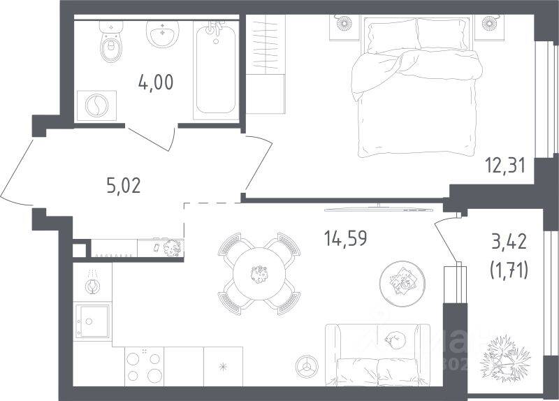 1-комн. квартира, 37,63 м², в ЖК Южная Нева