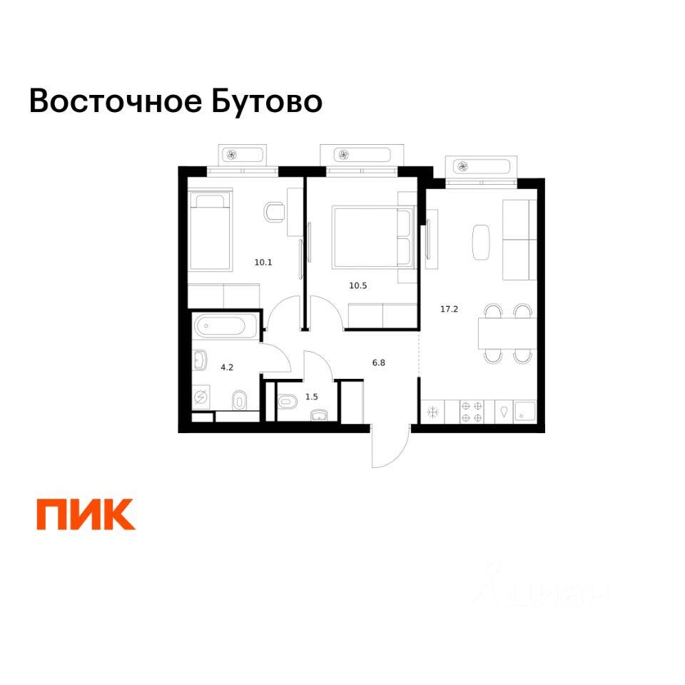 2-комн. квартира, 50,3 м², в ЖК «Восточное Бутово»