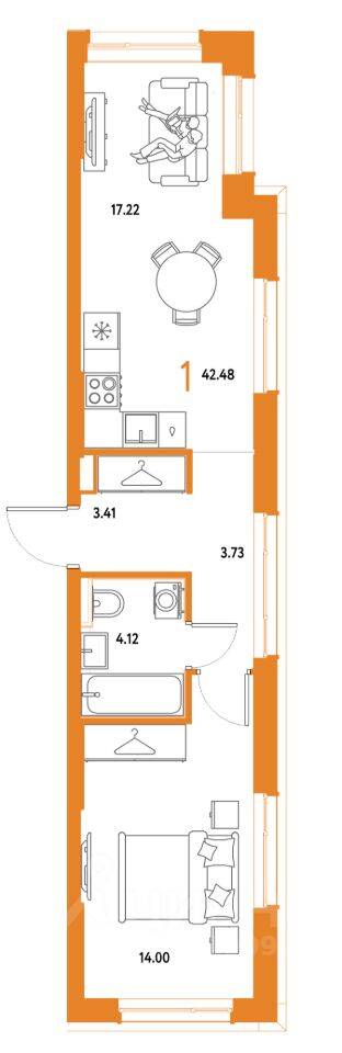 1-комн. квартира, 42,48 м², в ЖК Страна.Парковая