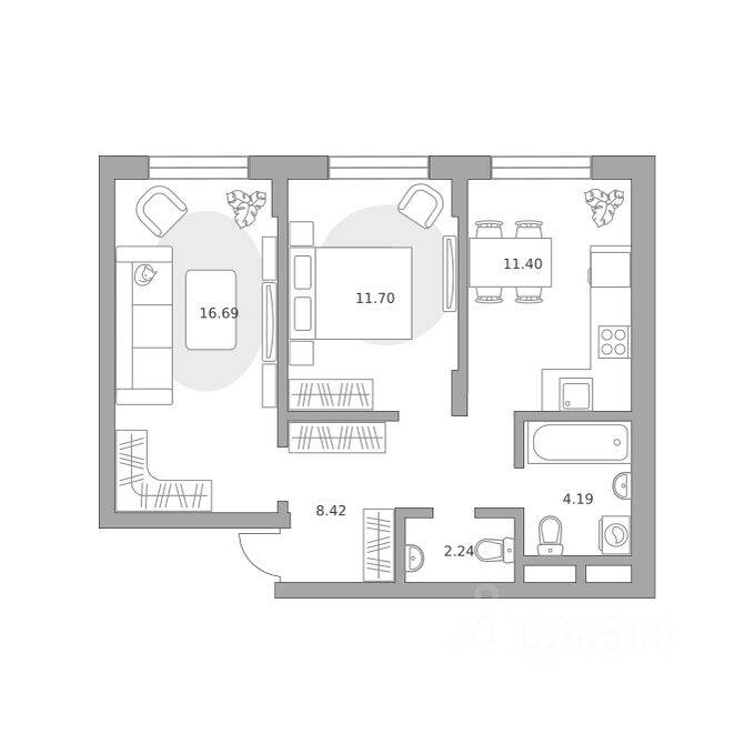 2-комн. квартира, 54,64 м², в Малоэтажный ЖК Живописный
