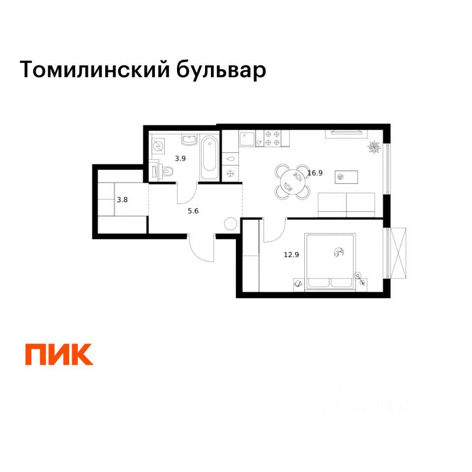 1-комн. квартира, 43,1 м², в ЖК Томилинский бульвар