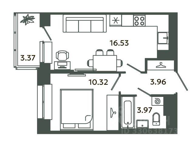 1-комн. квартира, 34,78 м², в ЖК Загляденье