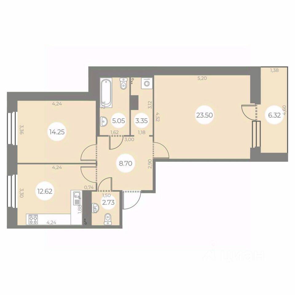 Планировка 2 комнатной квартиры, 73.36 м², в «Огни Залива»