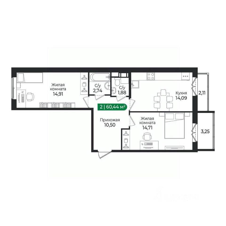 2-комн. квартира, 60,44 м², в ЖК Sertolovo Park