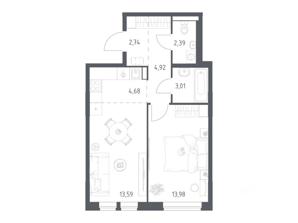 1-комн. квартира, 45,31 м², в ЖК Квартал Авиаторов