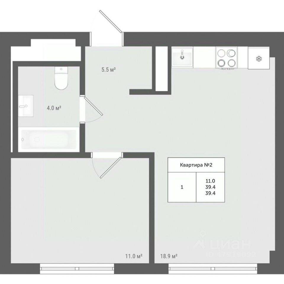 Планировка 1 комнатной квартиры, 39.4 м², в «Яковлево»