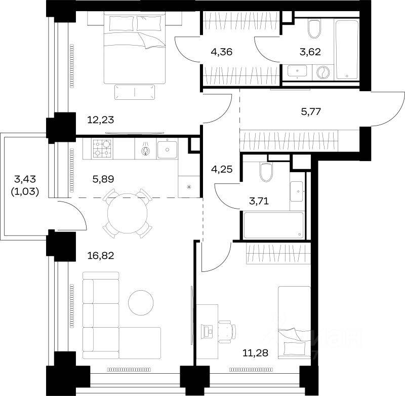 2-комн. квартира, 68,96 м², в ЖК Nova