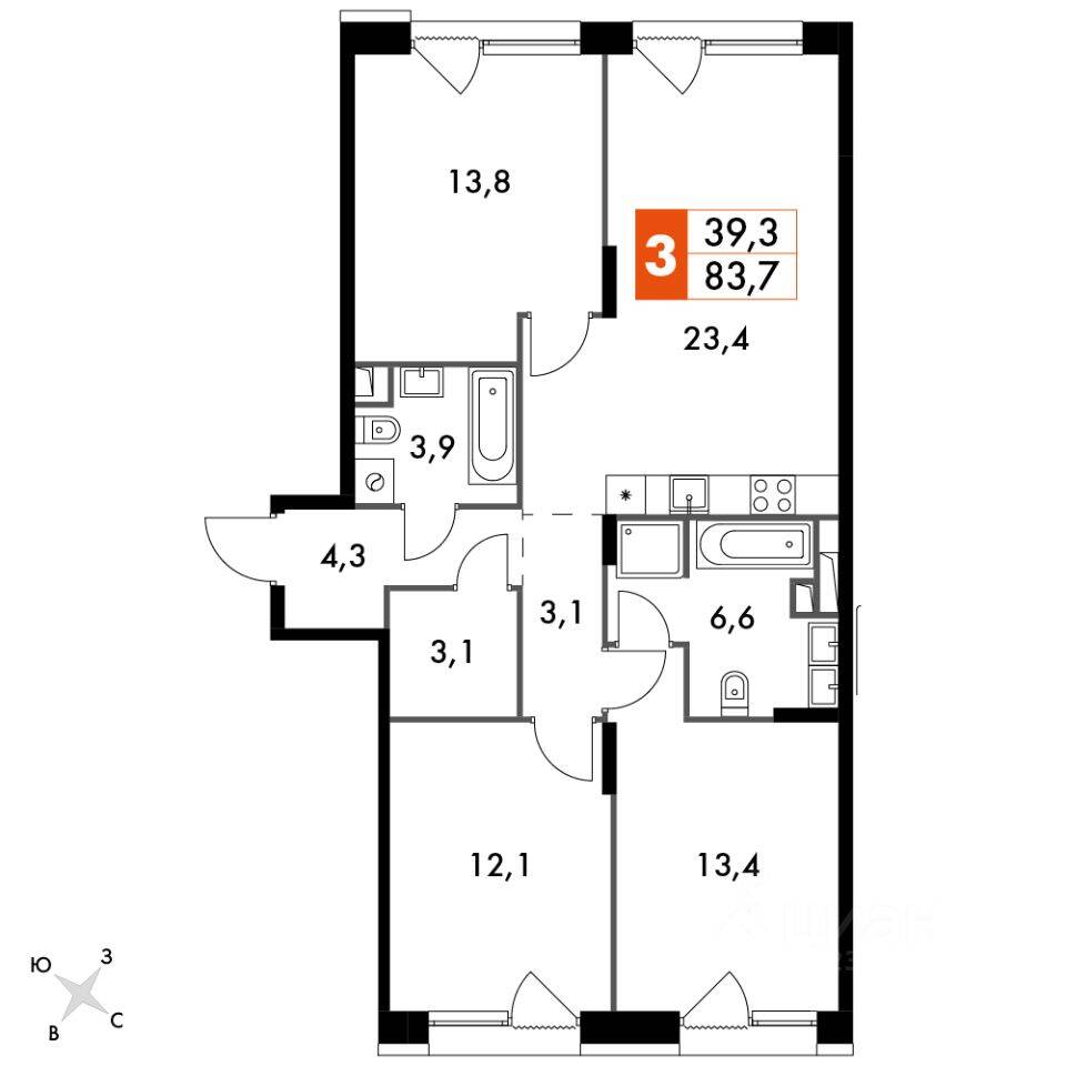 Планировка 3 комнатной квартиры, 84.3 м², в «The Lake»