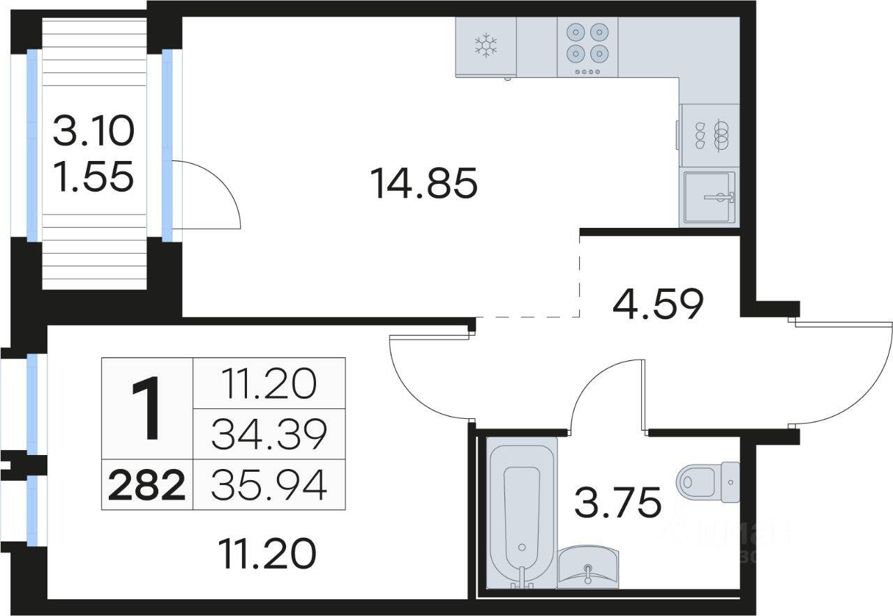 1-комн. квартира, 36,1 м², в ЖК GloraX Парголово