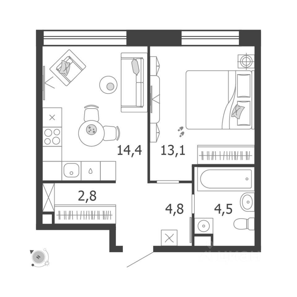 Планировка 1 комнатной квартиры, 39.6 м², в «Жилой квартал Shagal»