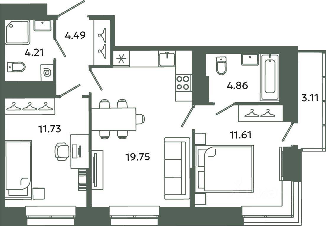 2-комн. квартира, 56,65 м², в ЖК Загляденье
