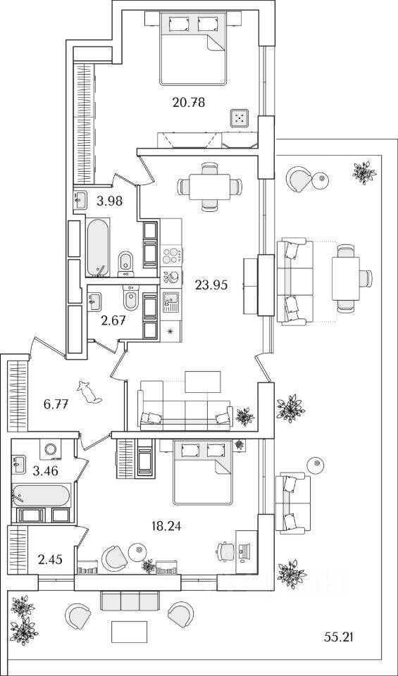Планировка 2 комнатной квартиры, 99.2 м², в «БелАрт»