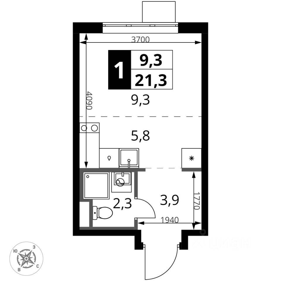 Квартира-студия, 21,2 м², в ЖК 1-й Донской