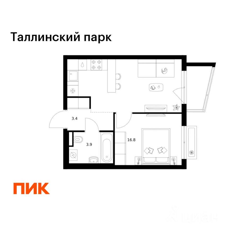 1-комн. квартира, 35 м², в ЖК Таллинский парк