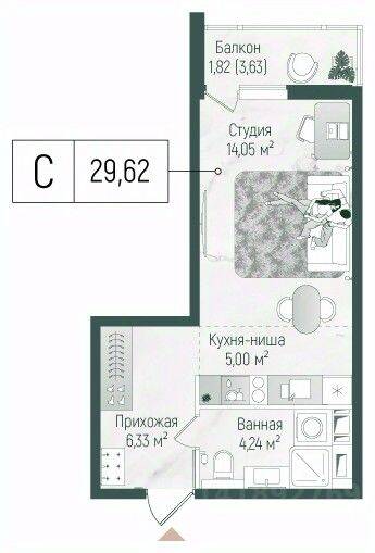Квартира-студия, 31,44 м², в ЖК Riga Hills