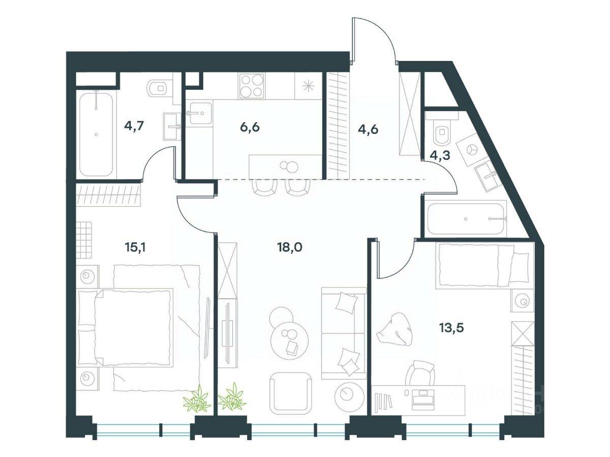 3-комн. квартира, 67 м², в ЖК Level Академическая