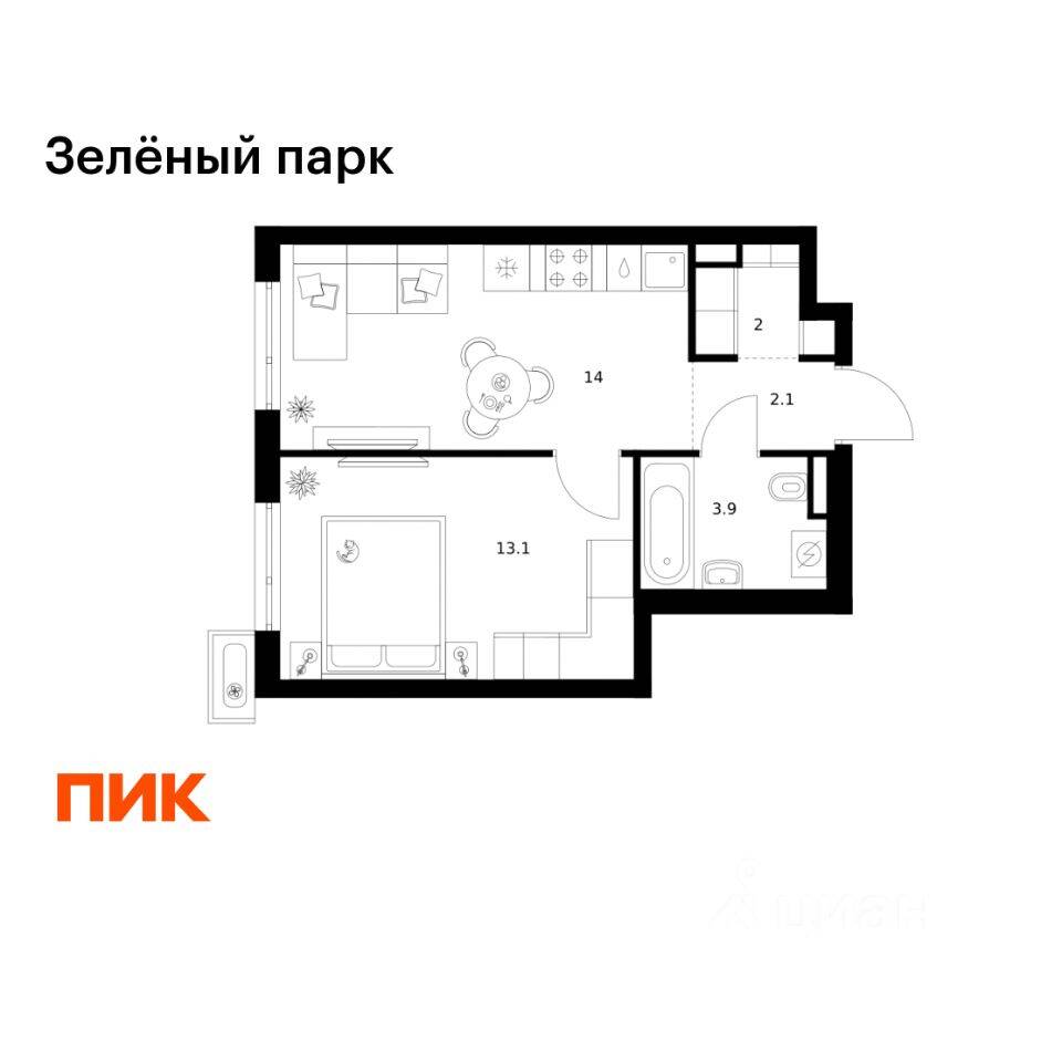 1-комн. квартира, 35,1 м², в ЖК Зеленый парк