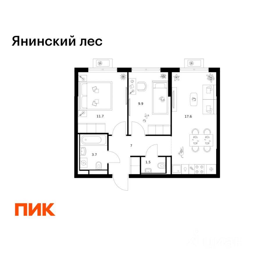 2-комн. квартира, 51,4 м², в ЖК Янинский лес
