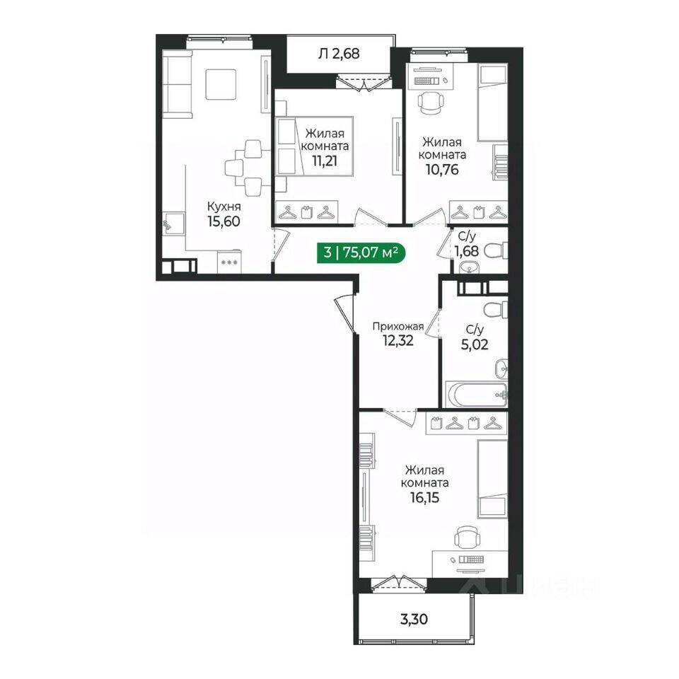 3-комн. квартира, 75,07 м², в ЖК Sertolovo Park