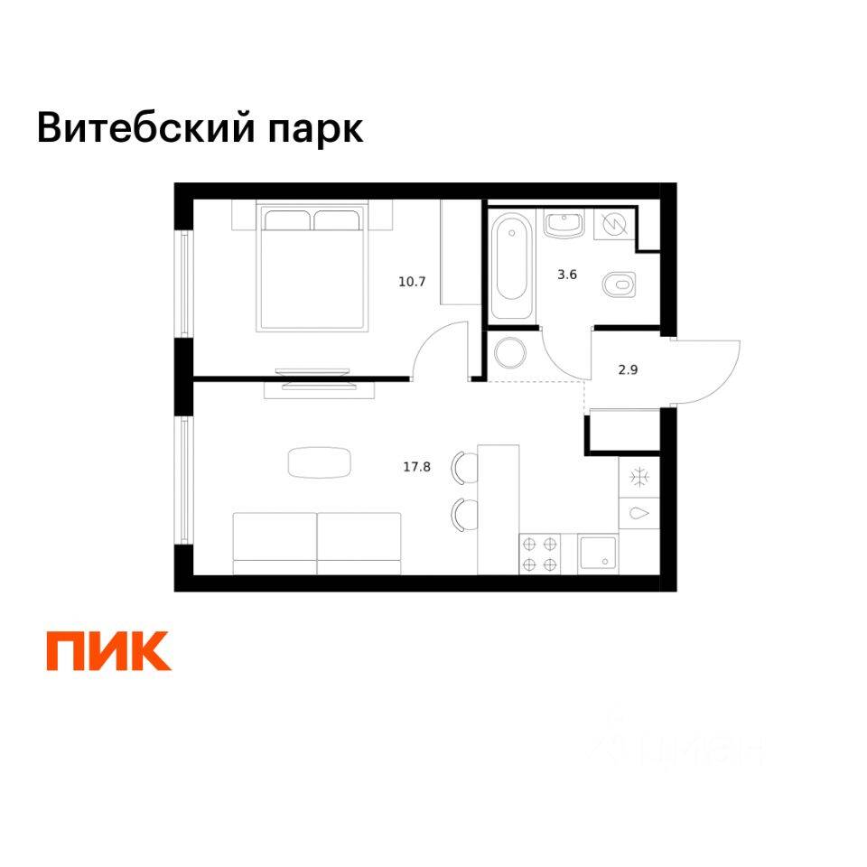 1-комн. квартира, 35 м², в ЖК Витебский парк