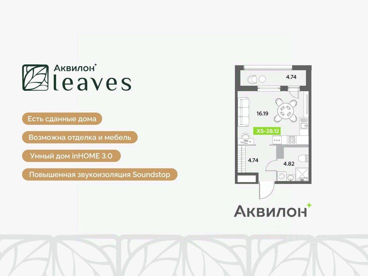 Планировка 1 комнатной квартиры, 28.12 м², в «Аквилон Leaves»