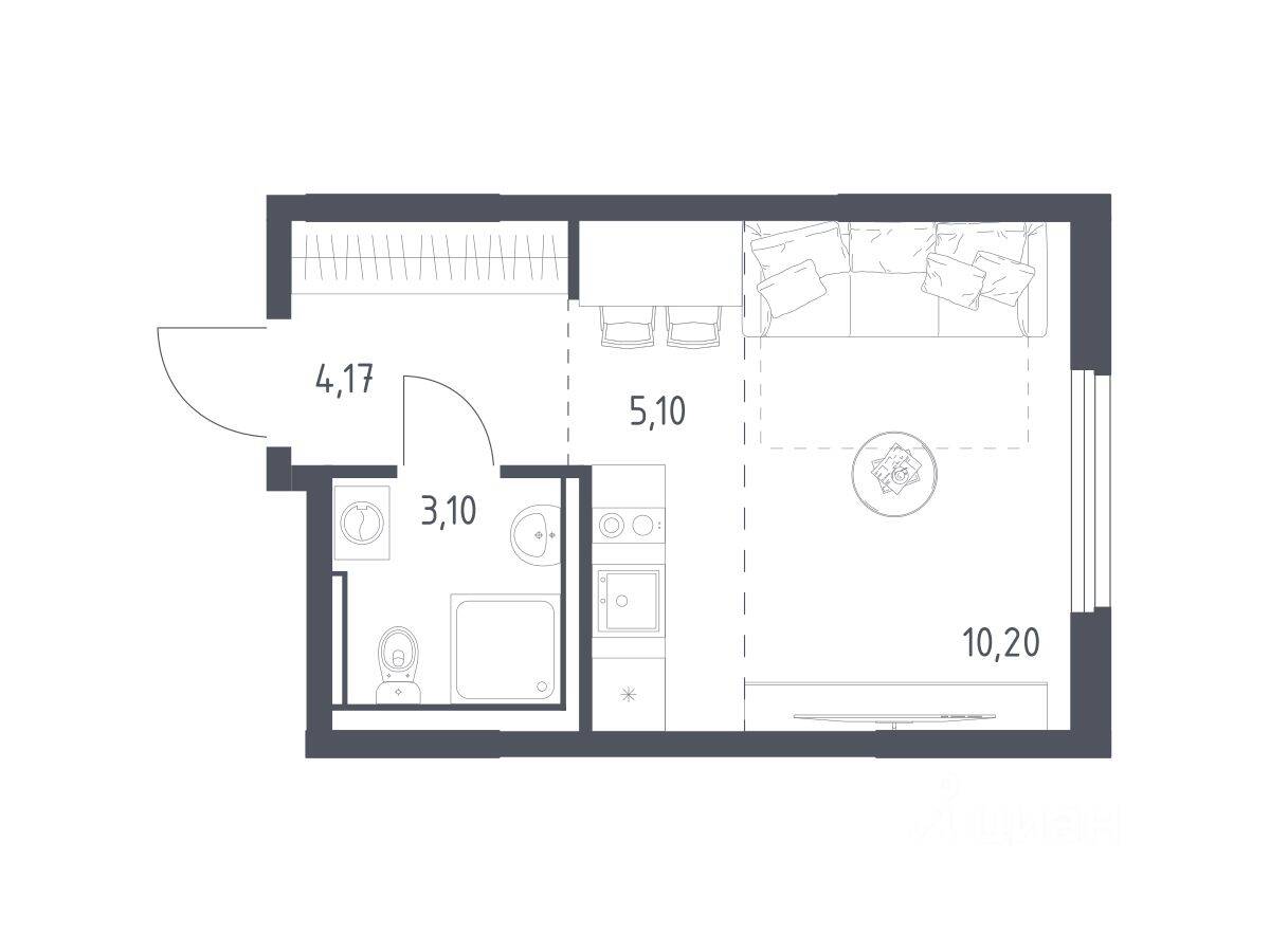 Квартира-студия, 22,57 м², в ЖК «Пригород Лесное»