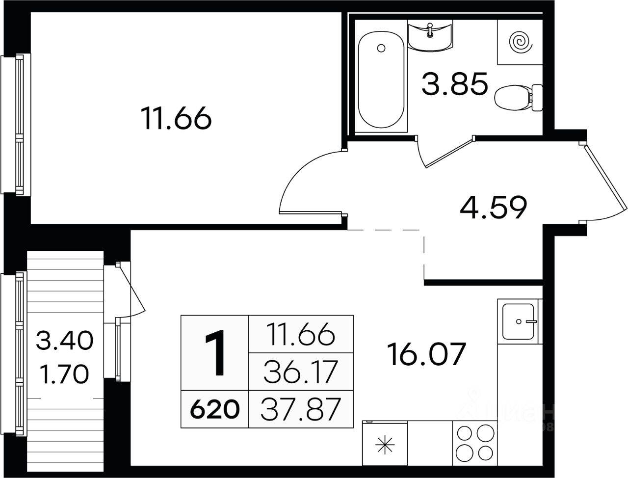 1-комн. квартира, 37,7 м², в ЖК GloraX Парголово